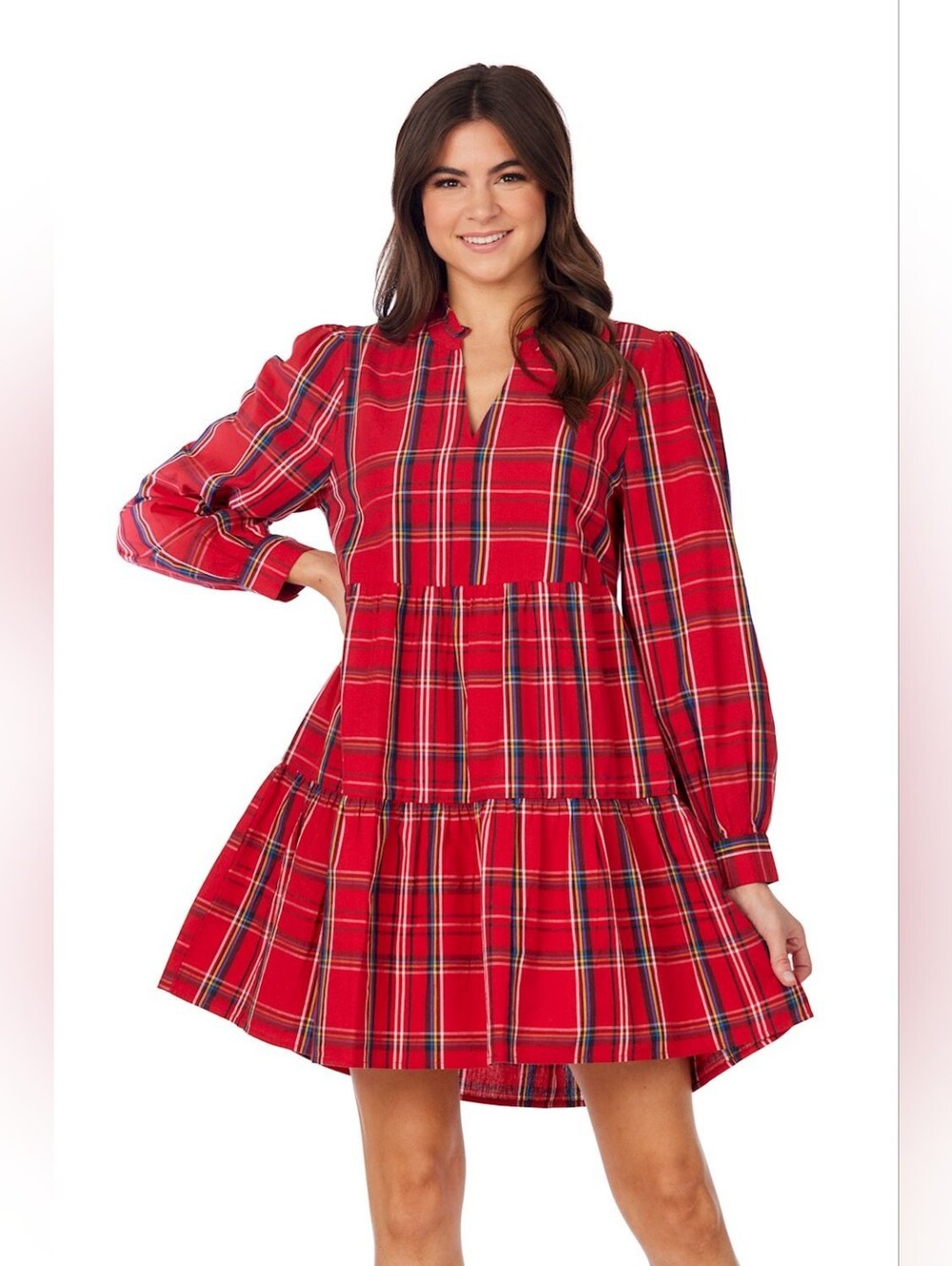 Mud Pie Red Plaid Tiered Long-Sleeve Dress